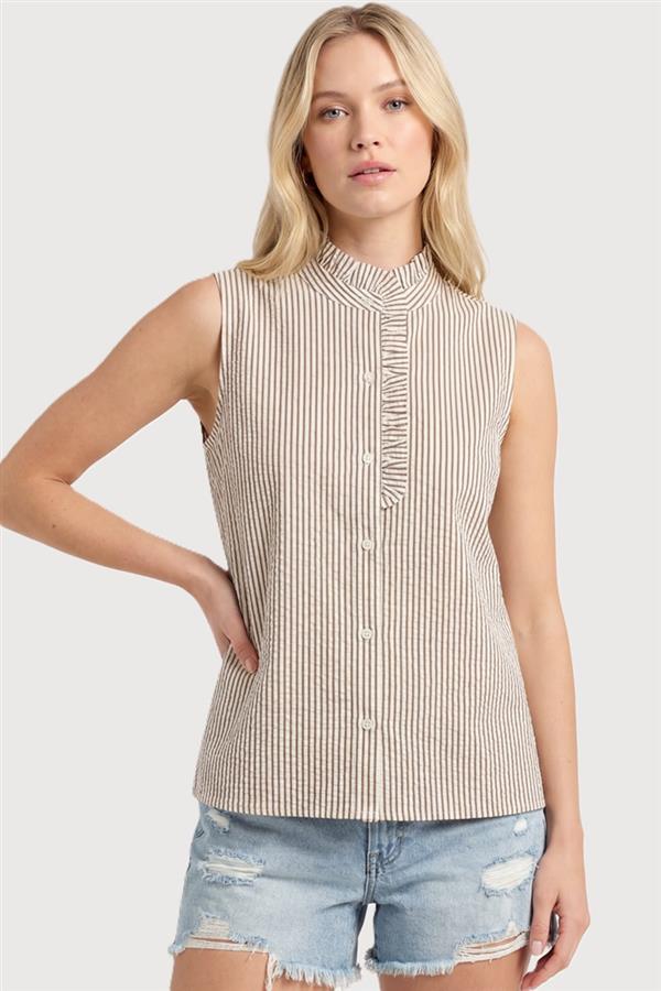 Simple In Stripes Frill Ruffle Detail Sleeveless Blouse in Taupe