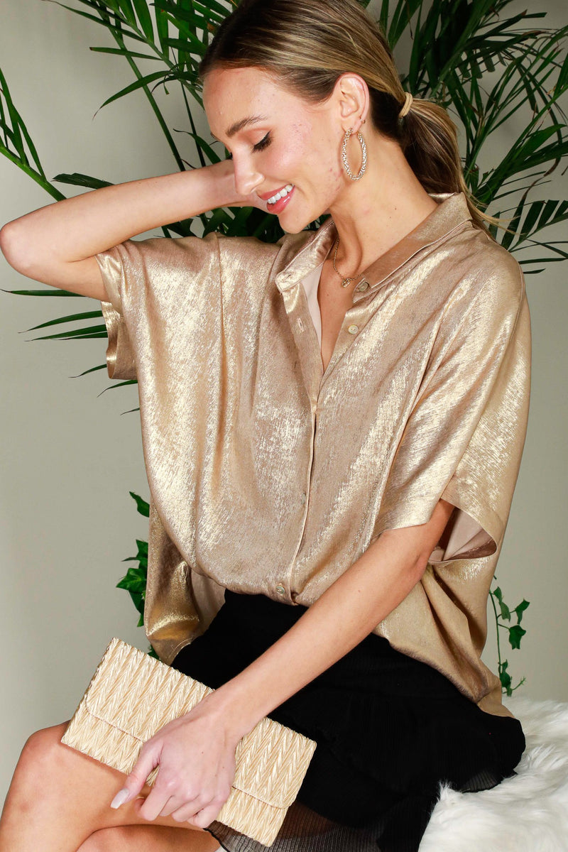 Glow Getter Collared Button Up Blouse - Gold