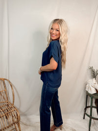 Timeless Touch V Neck Drop Sleeve Top - Indigo Navy