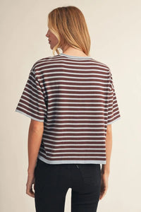 Simply Said Striped Knit Short Sleeve Sweater - Brown/Blue Mix