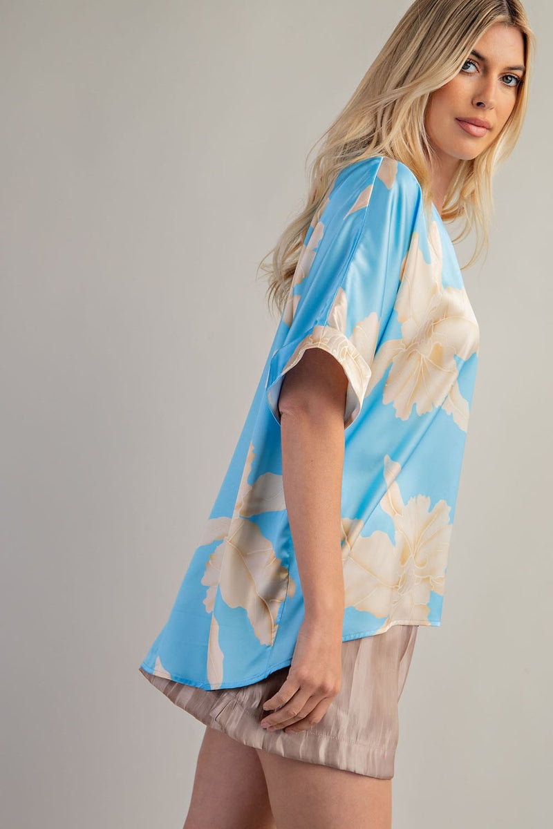 Summertime Blues Satin Floral Blouse