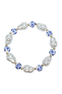 Cottage Chic Pearl + Floral Blue Beaded Bracelet