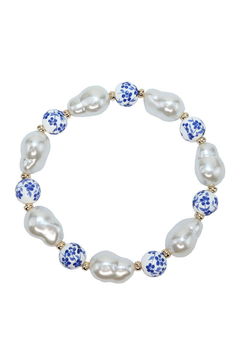 Cottage Chic Pearl + Floral Blue Beaded Bracelet