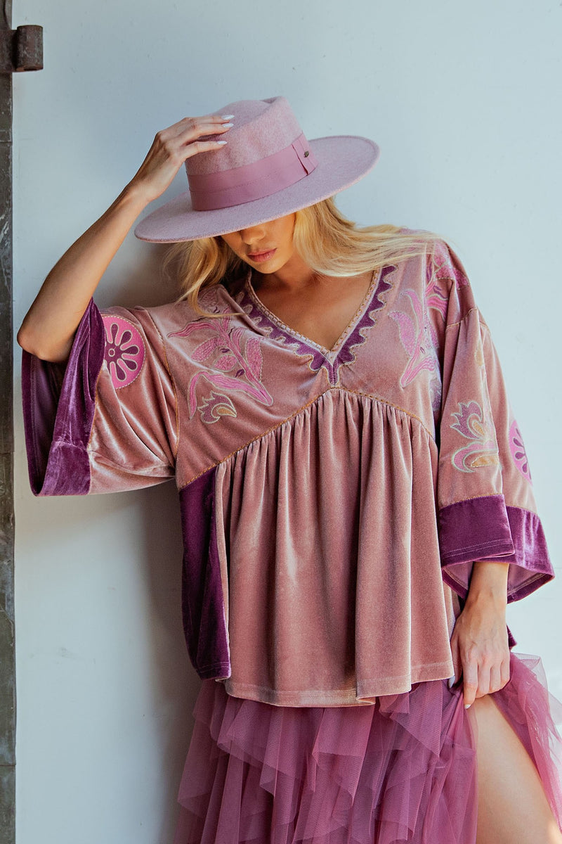 Unforgettable & Vibrant Velvet Embroidered Blouse - Rose