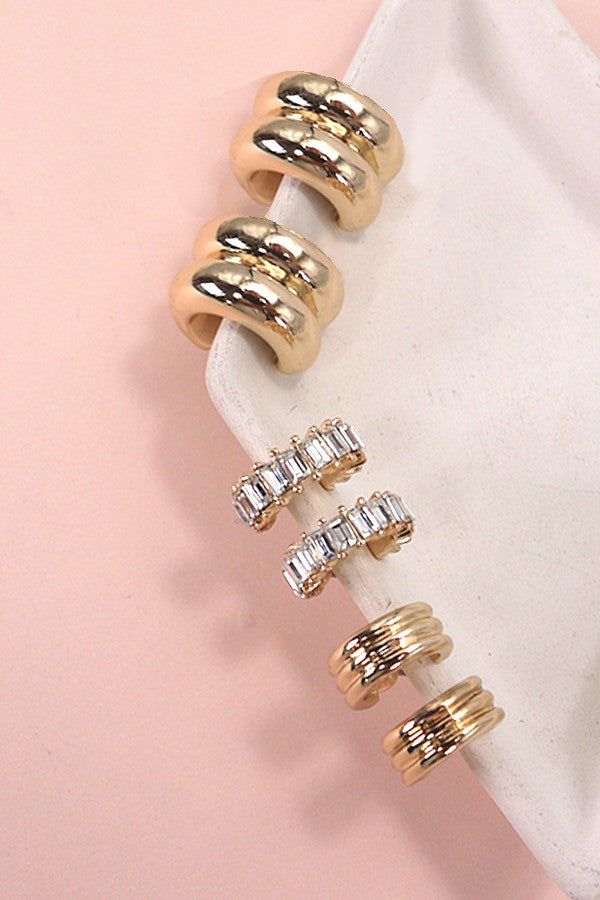 Baguette Stone Double Hoop Trio Earrings Set