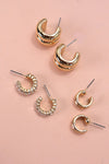 Baguette Stone Double Hoop Trio Earrings Set