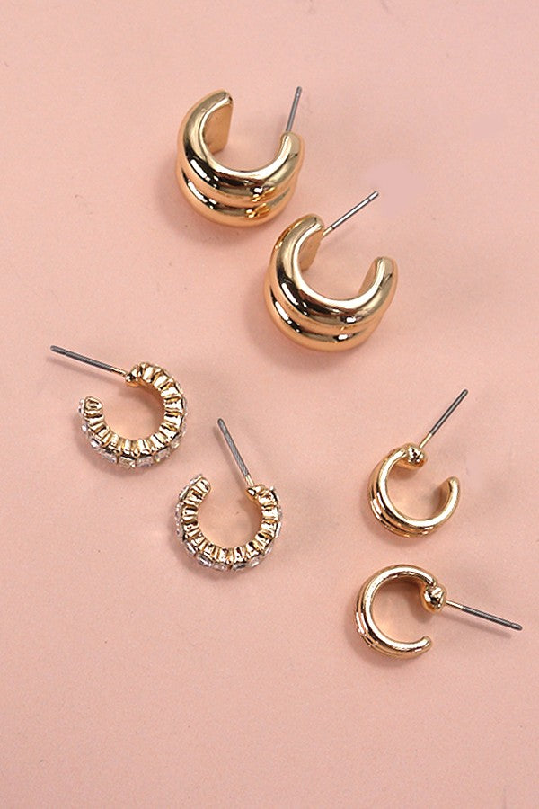 Baguette Stone Double Hoop Trio Earrings Set