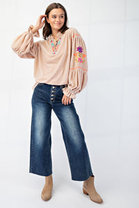 Point of View Velvet Embroidered Blouse - Champagne