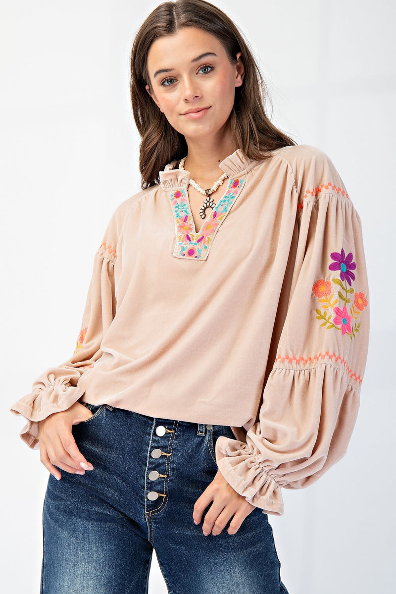 Point of View Velvet Embroidered Blouse - Champagne