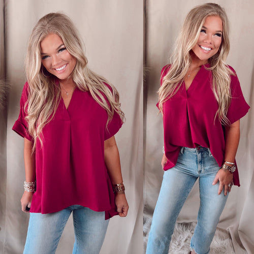 Richie V-Neck Cuffed Blouse- Wine