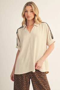 Courtside Chic Leopard Lined Collared Blouse