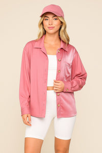 Uniquely Chic Two-Toned Contrast Velvet Detail Button Up Top - Rose