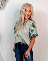 Elegant In Emerald Stripes + Floral Print Blouse