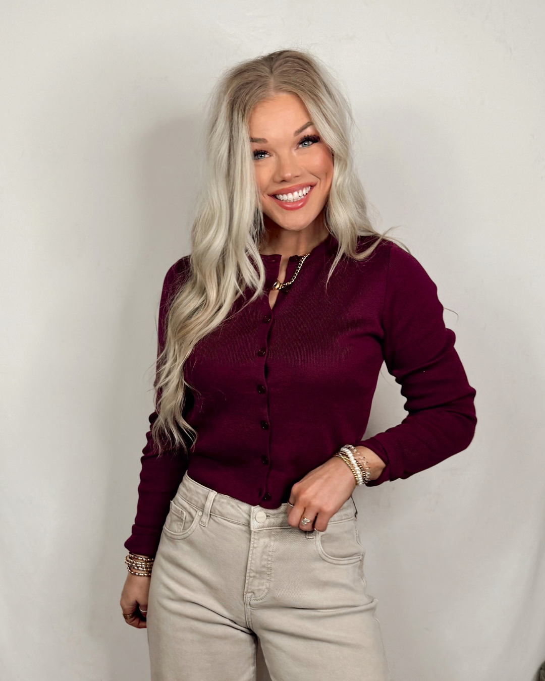 Wine & Dine Button Up Knit Long Sleeve Top - Dark Cherry