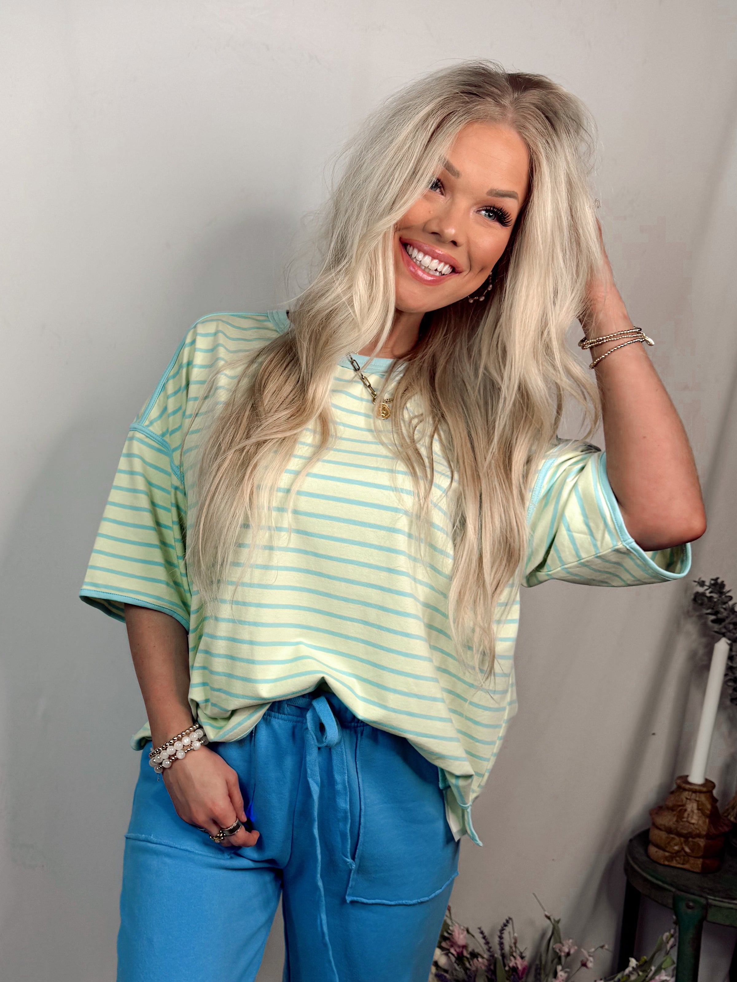 Sunbeam Social Striped Oversized Top - Mint/Blue
