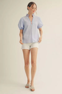 Southern Coastal Chic Collared Striped Embroidered Detailed Blouse