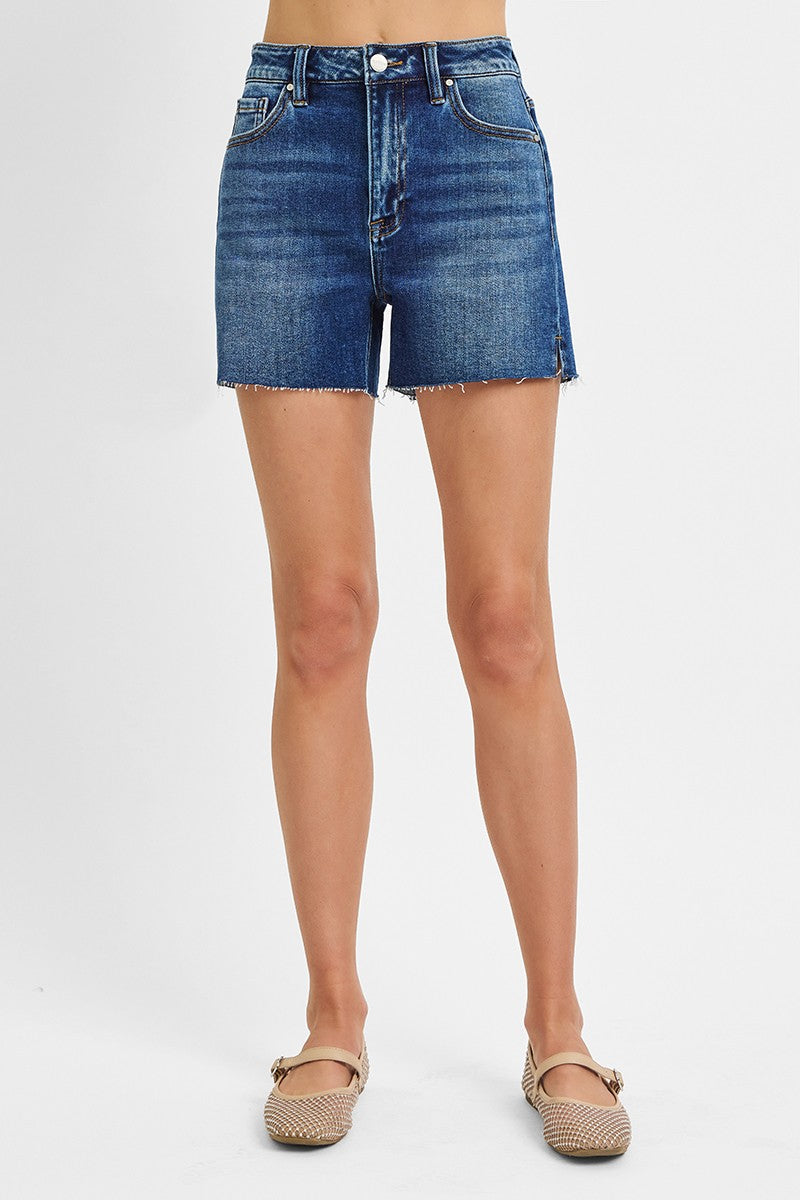 Hays Dark Wash High Rise Raw-Cut Hem Side Slits Denim Shorts