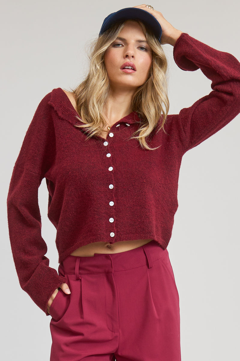 Swift Staple Button Up Cardigan - Burgundy