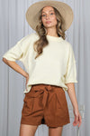 Staycation Cozy Crew Neck Knit Short Sleeve Sweater Top - Cream