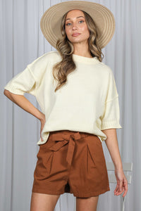 Staycation Cozy Crew Neck Knit Short Sleeve Sweater Top - Cream