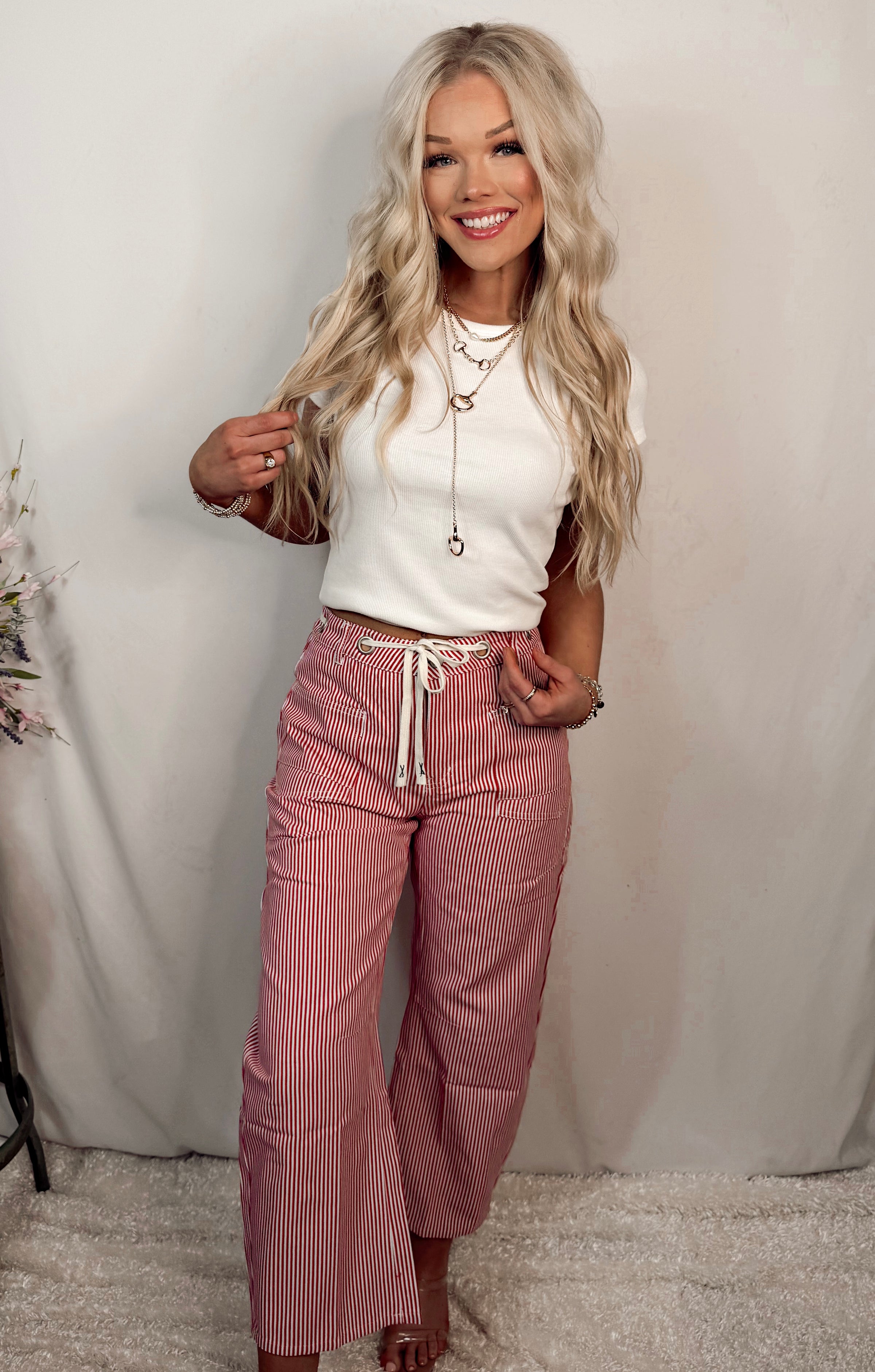 Cherry Gelato Striped Drawstring Barrel Pants - Red