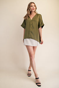 Sultry Satin Staple V-Neck Top - Olive