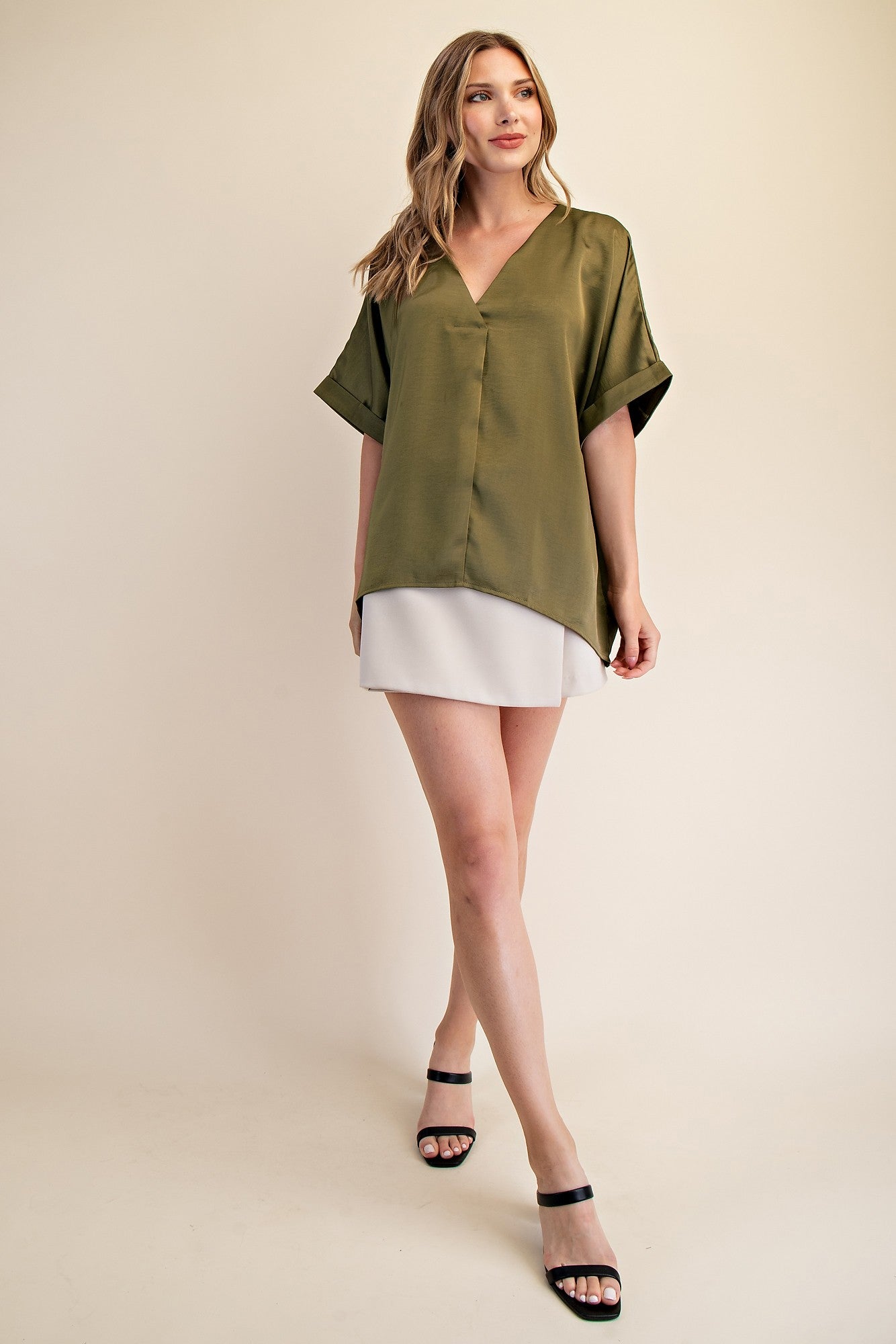 Sultry Satin Staple V-Neck Top - Olive