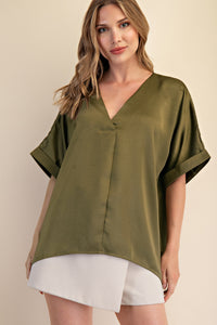 Sultry Satin Staple V-Neck Top - Olive
