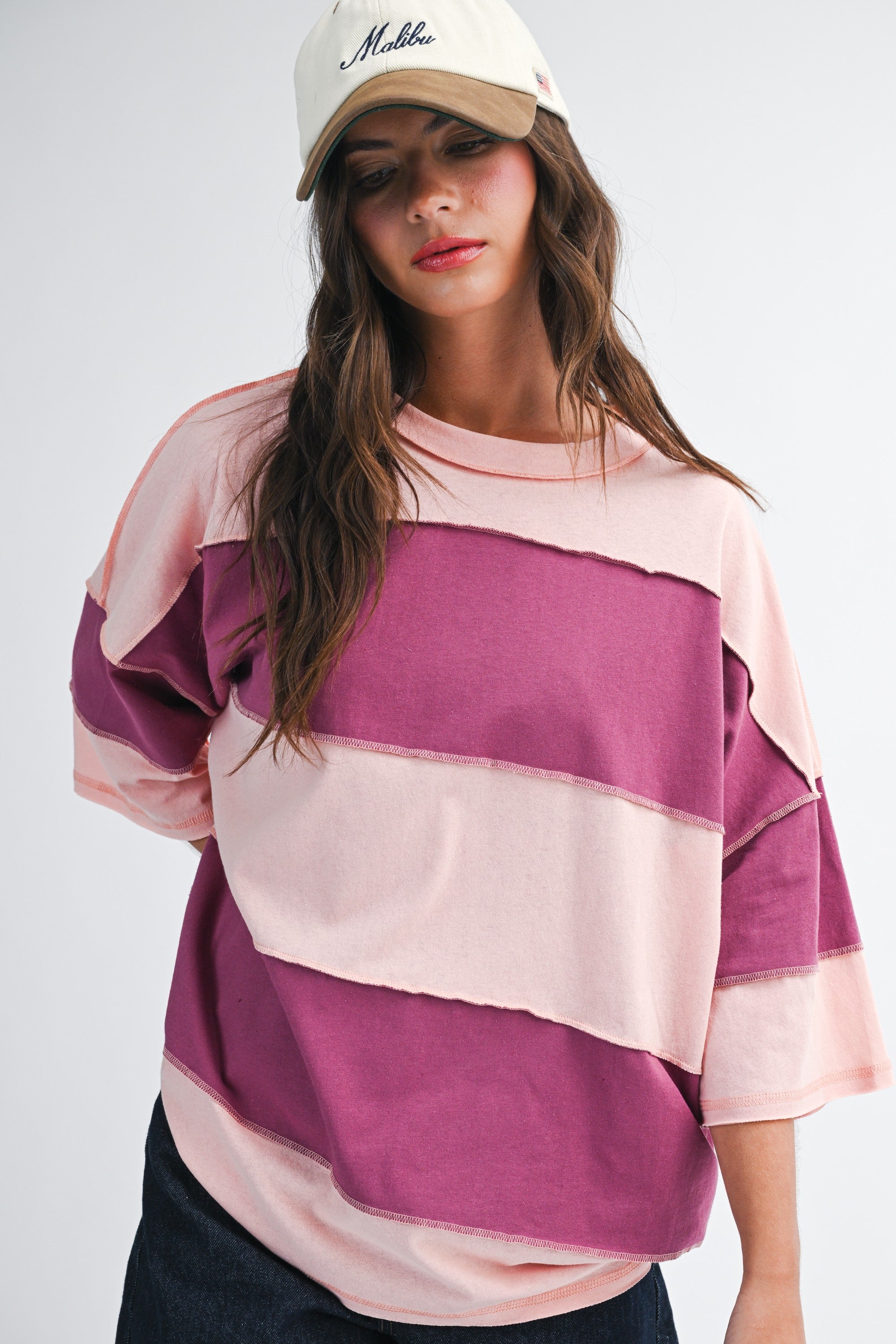 Valley Vintage Distressed Style Oversized Striped Top in Magenta Mauve