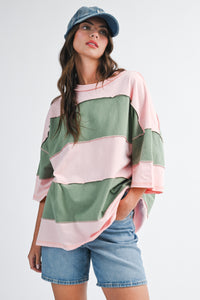 Valley Vintage Distressed Style Oversized Striped Top in Pink + Green