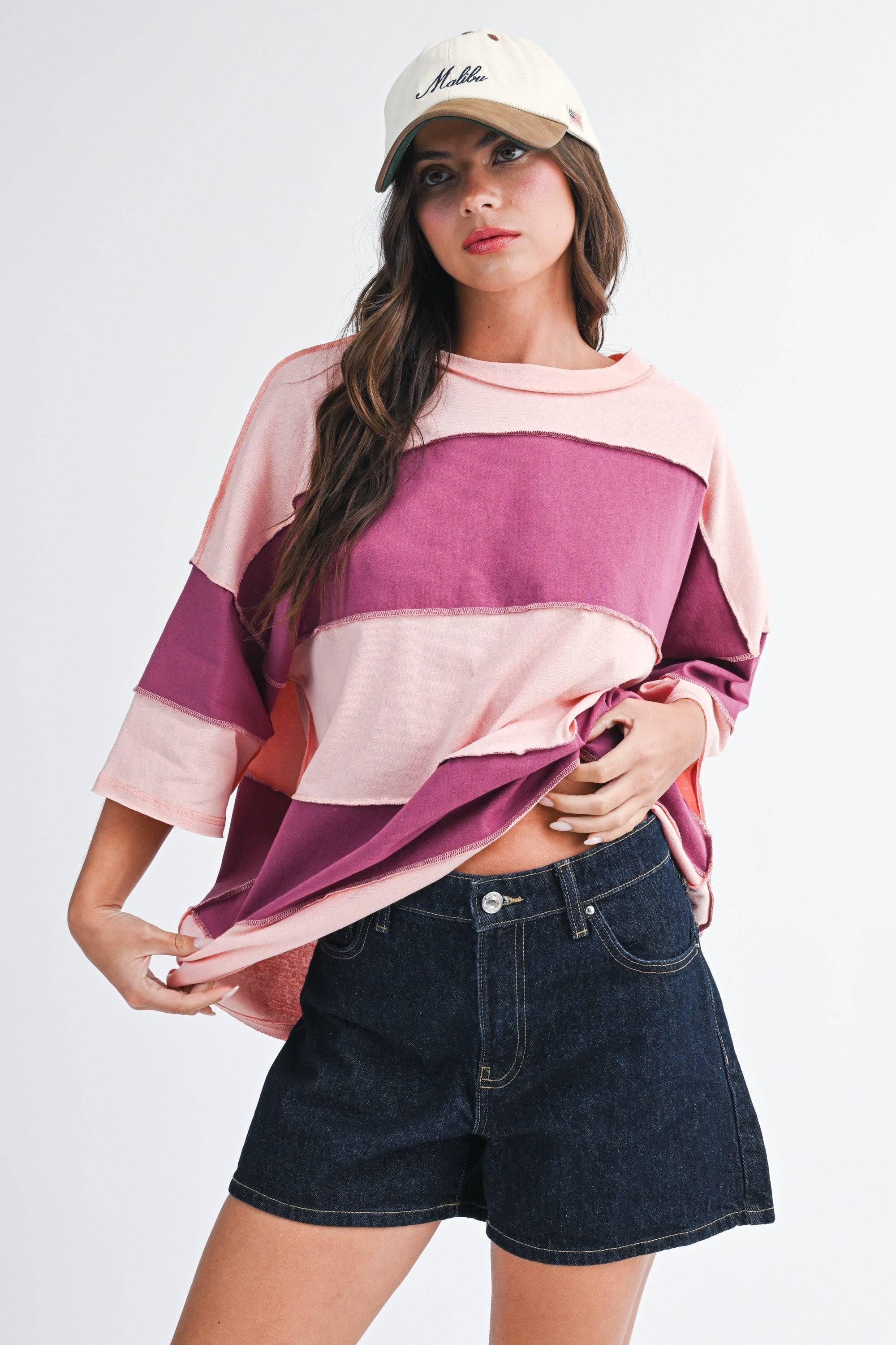Valley Vintage Distressed Style Oversized Striped Top in Magenta Mauve