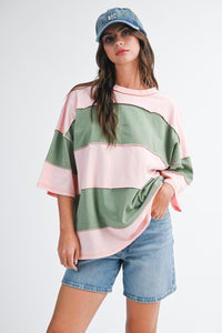 Valley Vintage Distressed Style Oversized Striped Top in Pink + Green