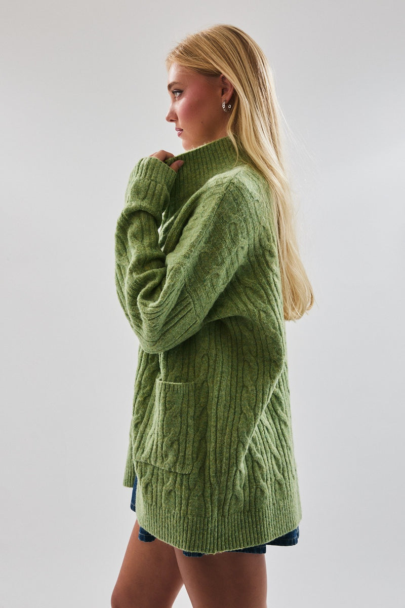 Serene In Sage Cable Knit Zip Up Jacket