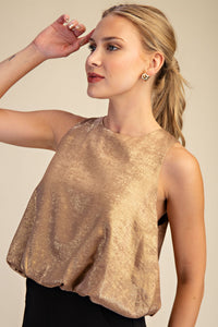 Tinsel Glow Round Neck Sleeveless Bubble Top - Taupe