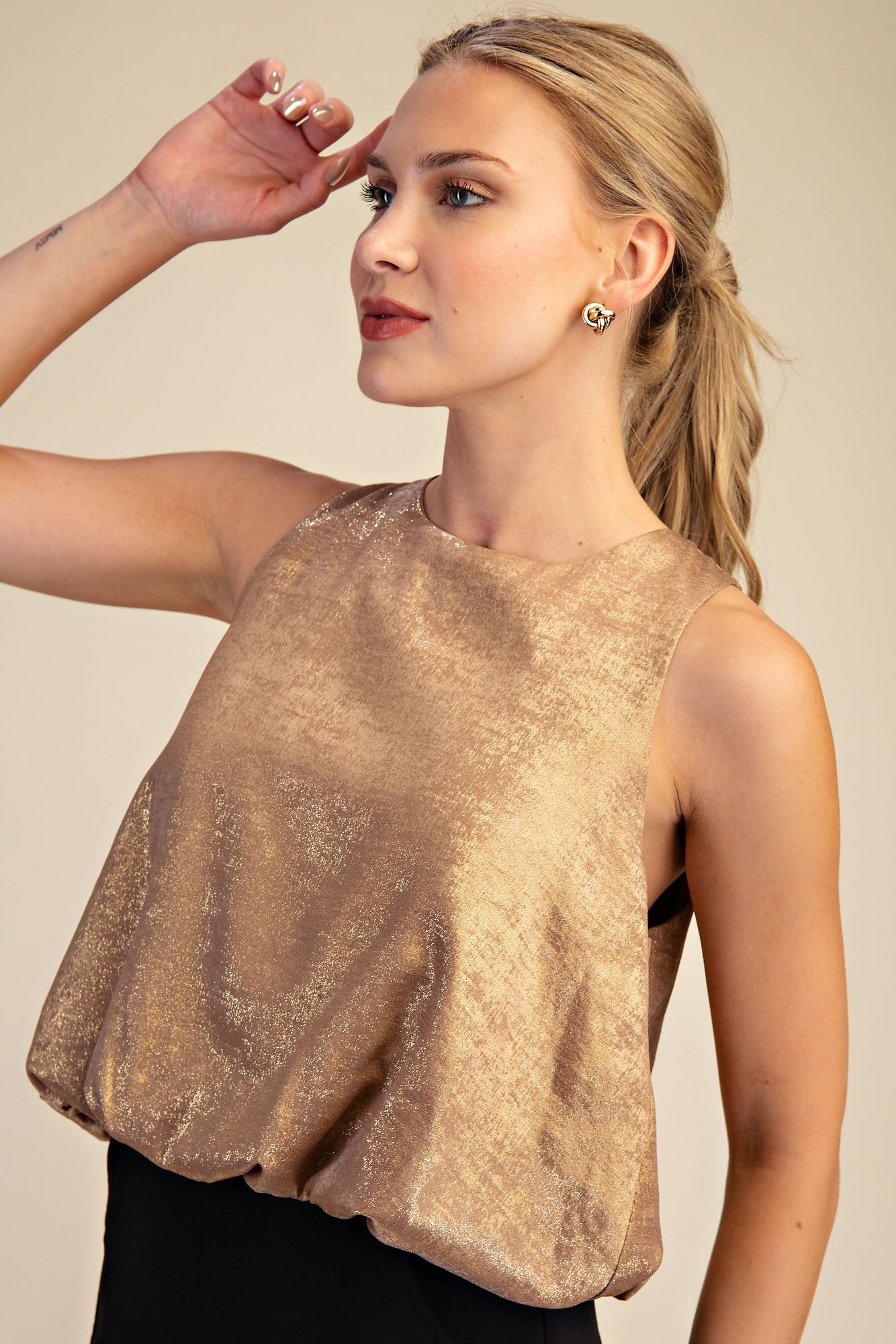 Tinsel Glow Round Neck Sleeveless Bubble Top - Taupe
