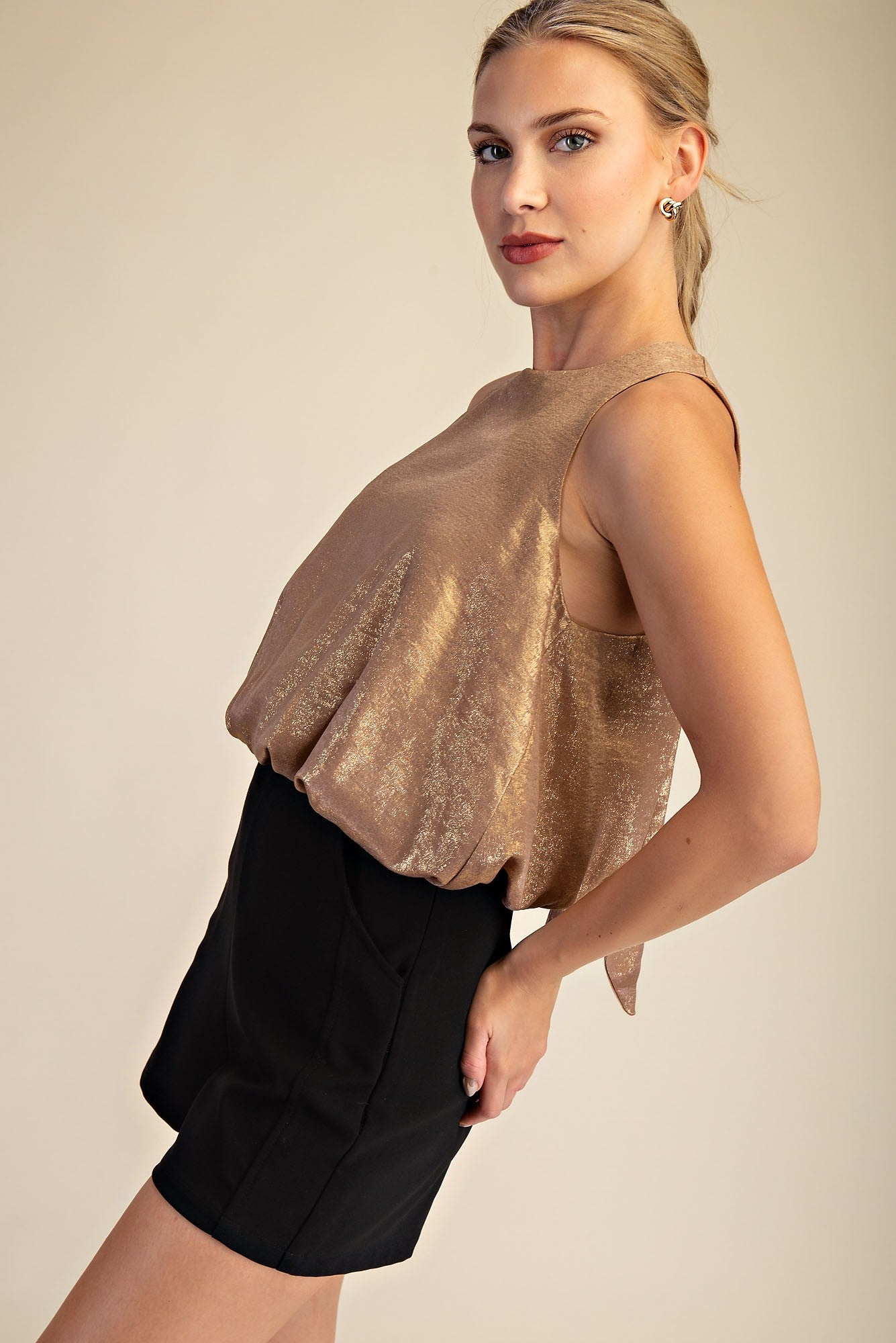 Tinsel Glow Round Neck Sleeveless Bubble Top - Taupe