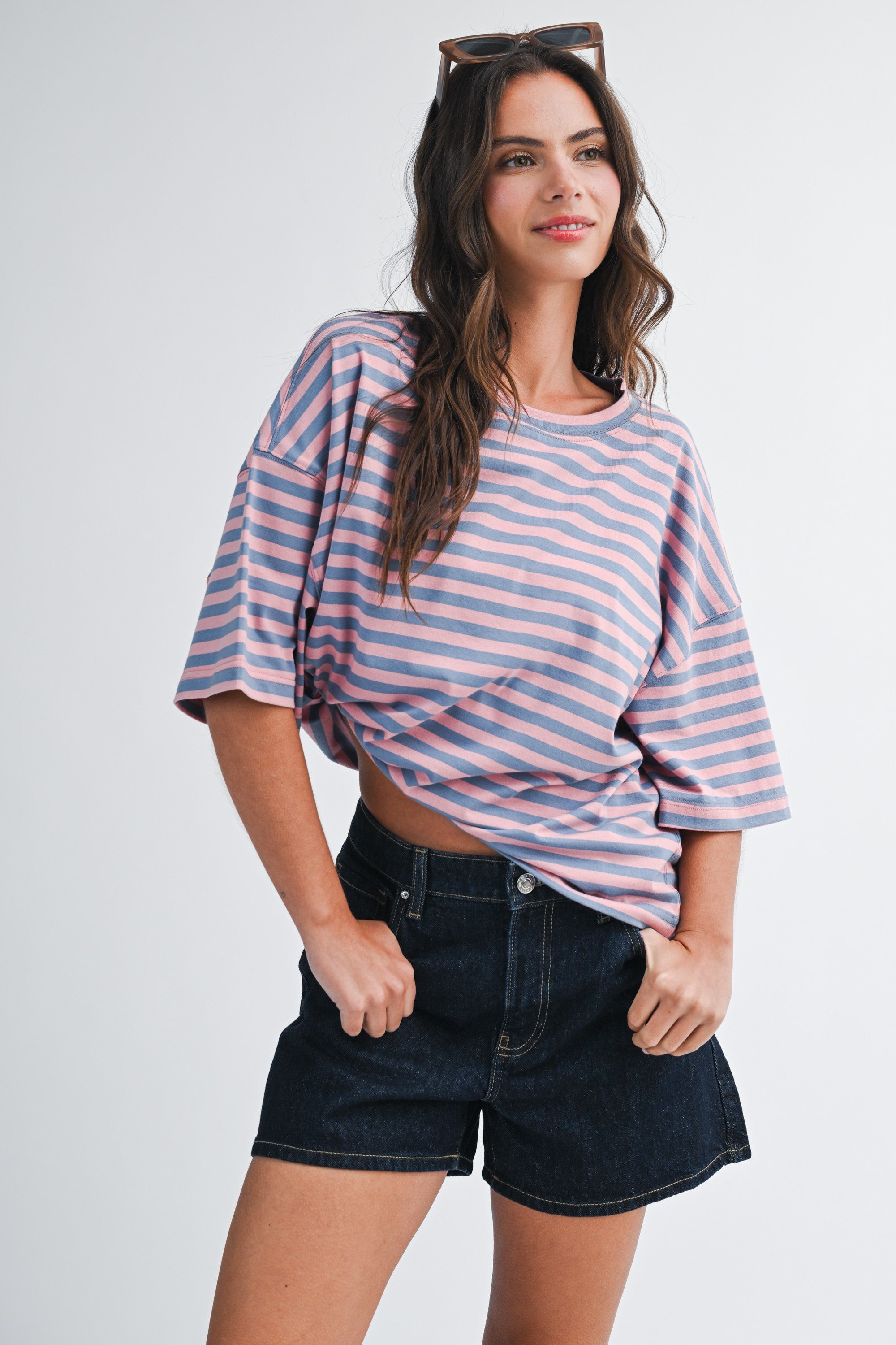 Oversized Striped Boyfriend Tee - Rose