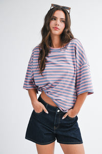 Oversized Striped Boyfriend Tee - Rose
