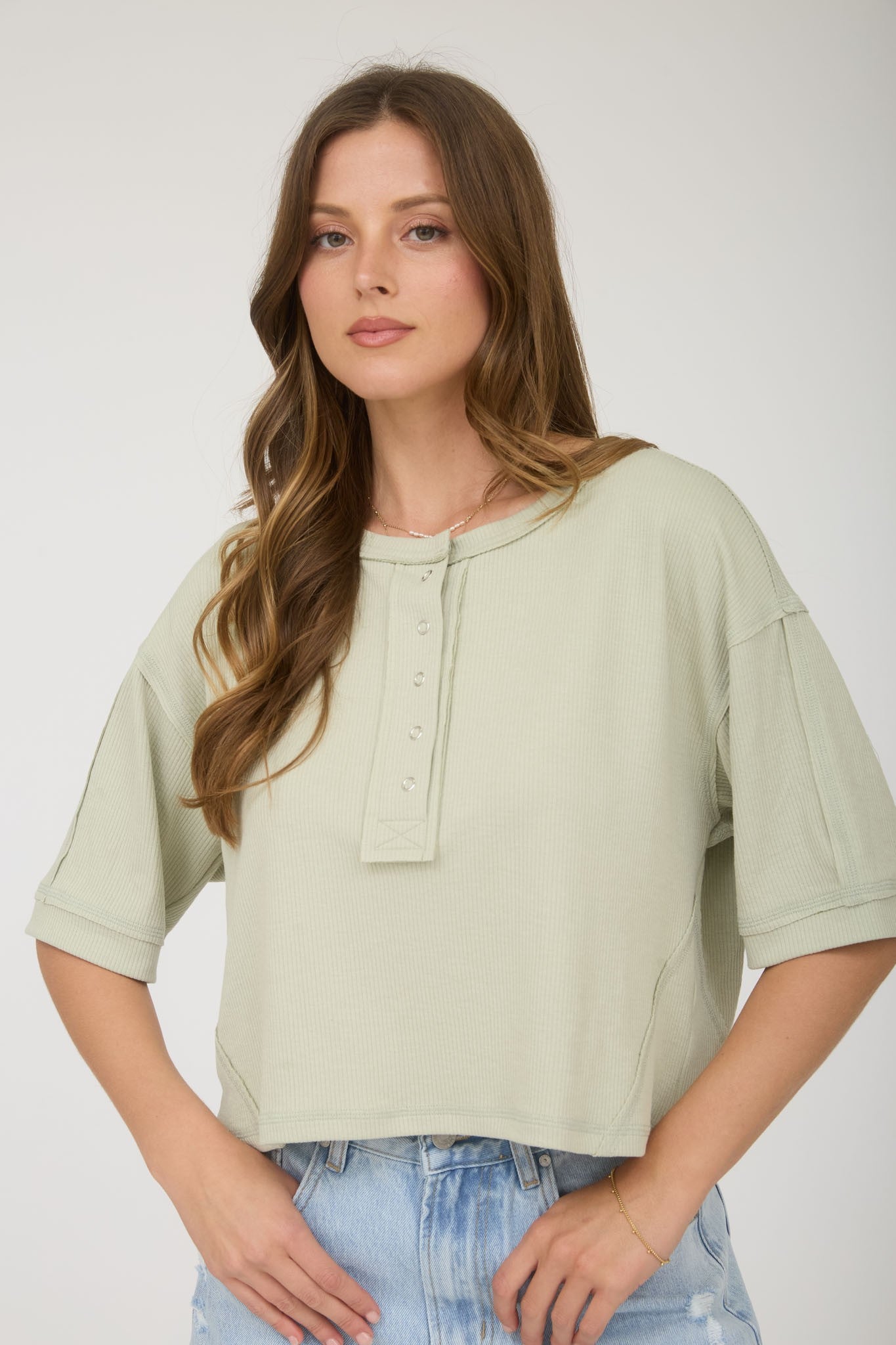 Effortless Charm Boxy Henley Knit Top - Light Sage