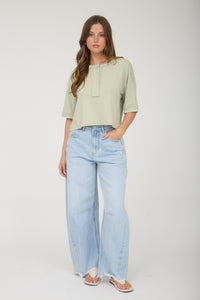 Effortless Charm Boxy Henley Knit Top - Light Sage