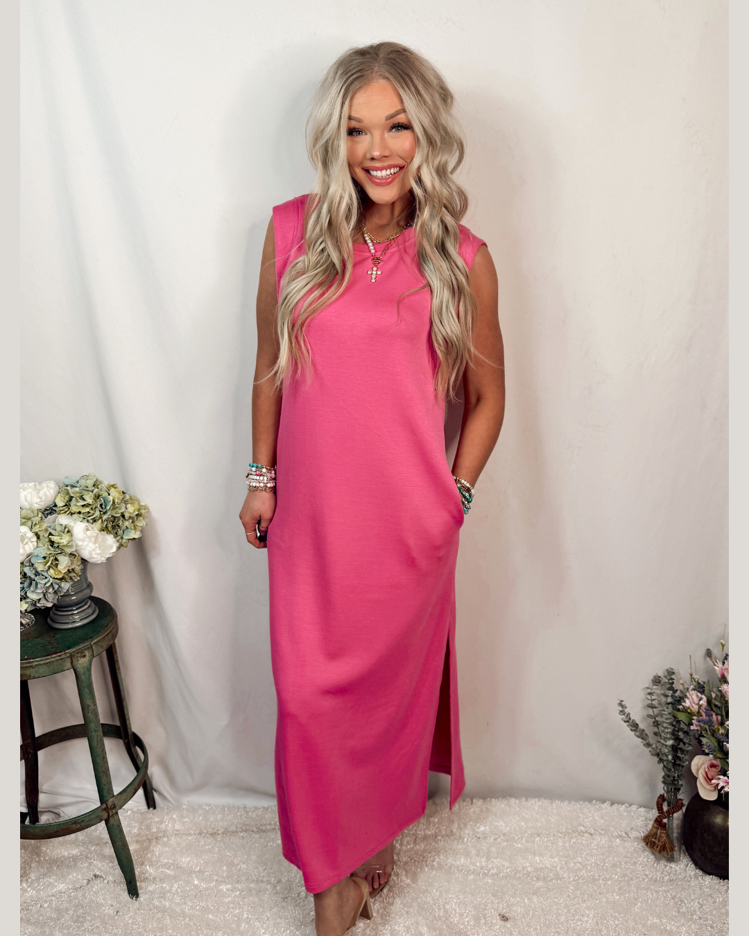 Soft + Chic Cap Sleeve Maxi Dress - Pink