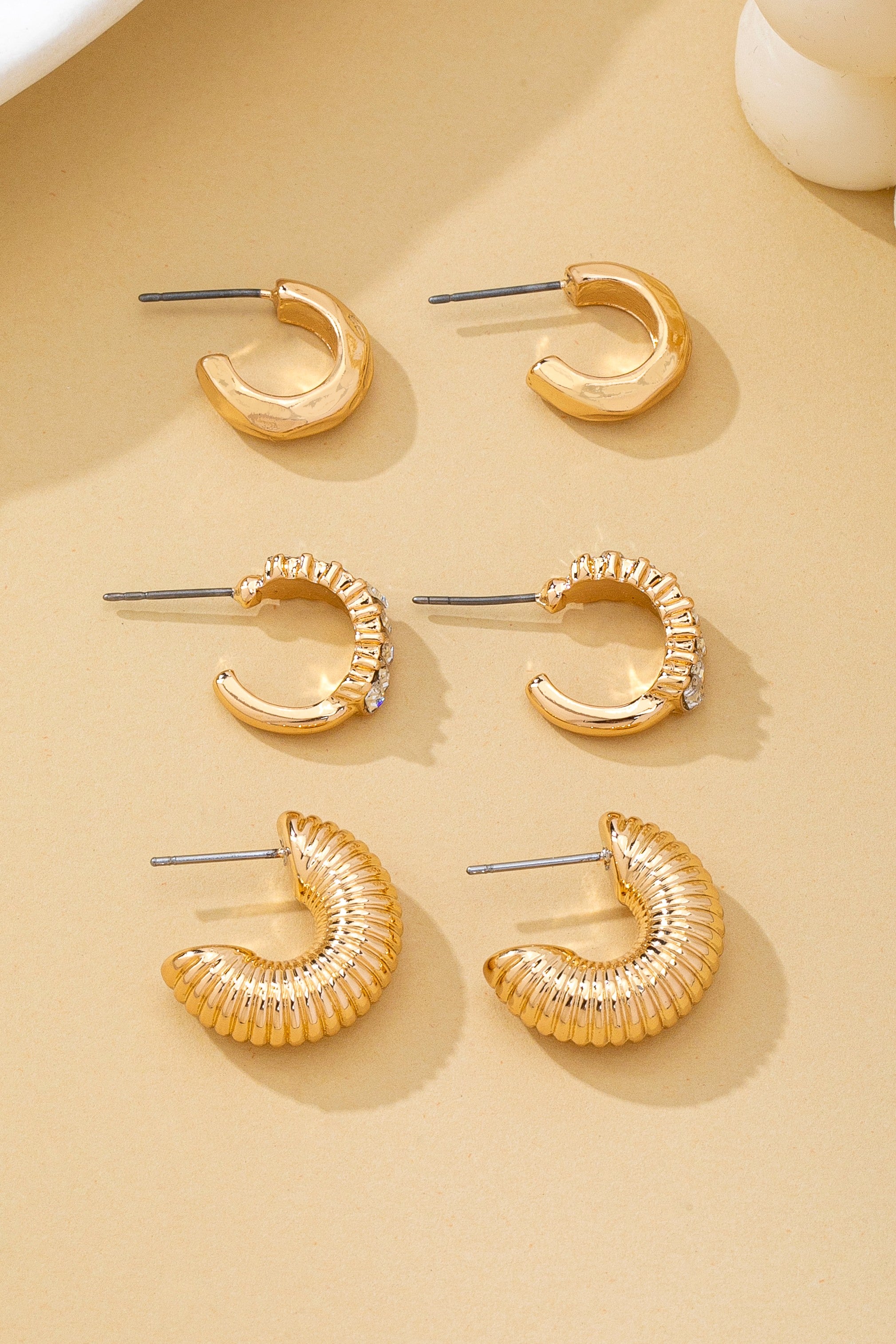 Everyday Luxury Gold Mixed Texture Mini Hoop Earrings Set of 3