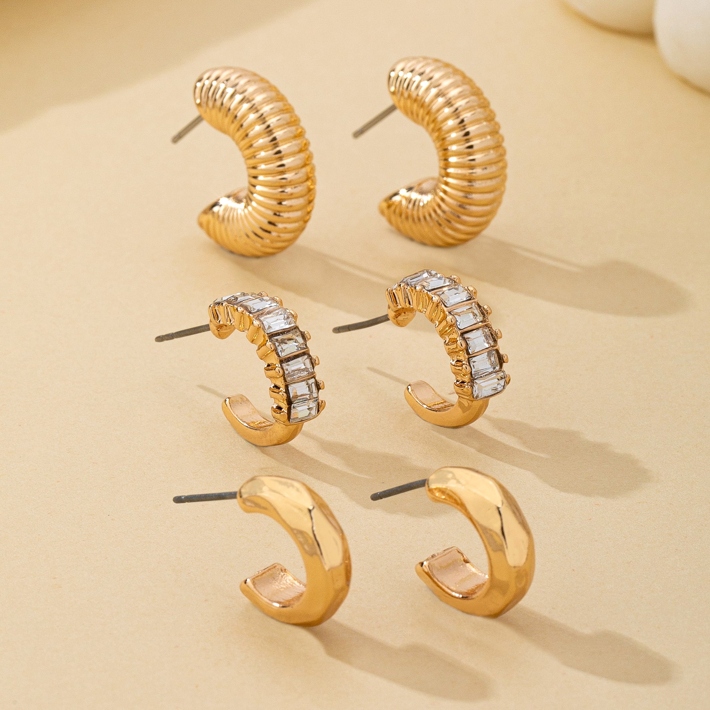 Everyday Luxury Gold Mixed Texture Mini Hoop Earrings Set of 3