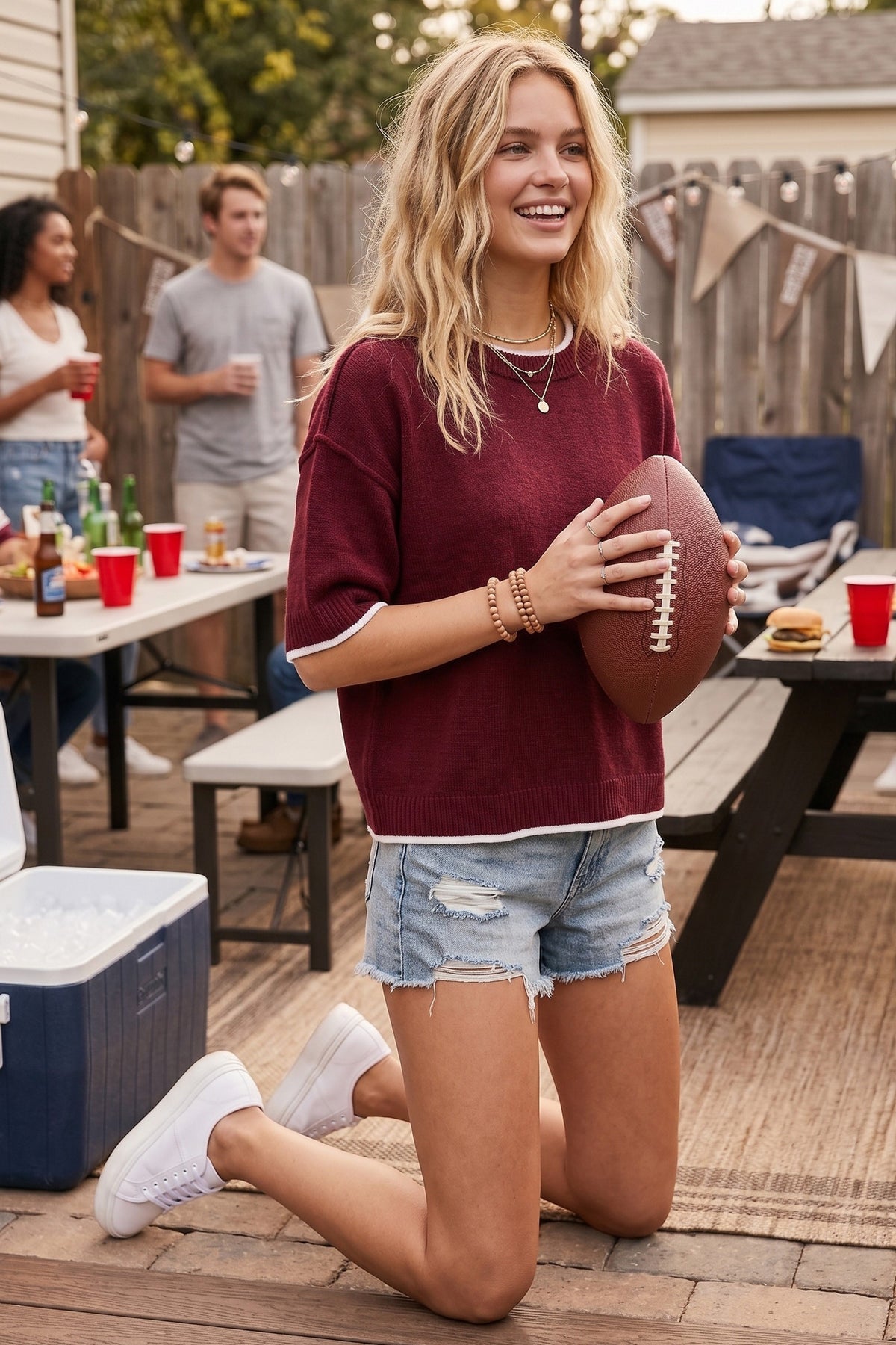 Classic Contrast Knit Oversized Top - Maroon/White