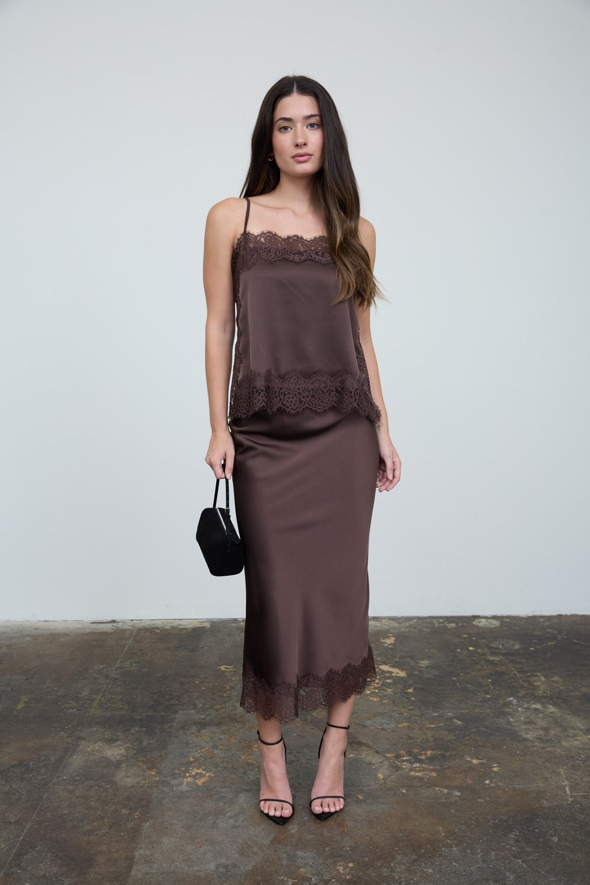Sweet & Delicate Satin Lace Trim Cami - Brown