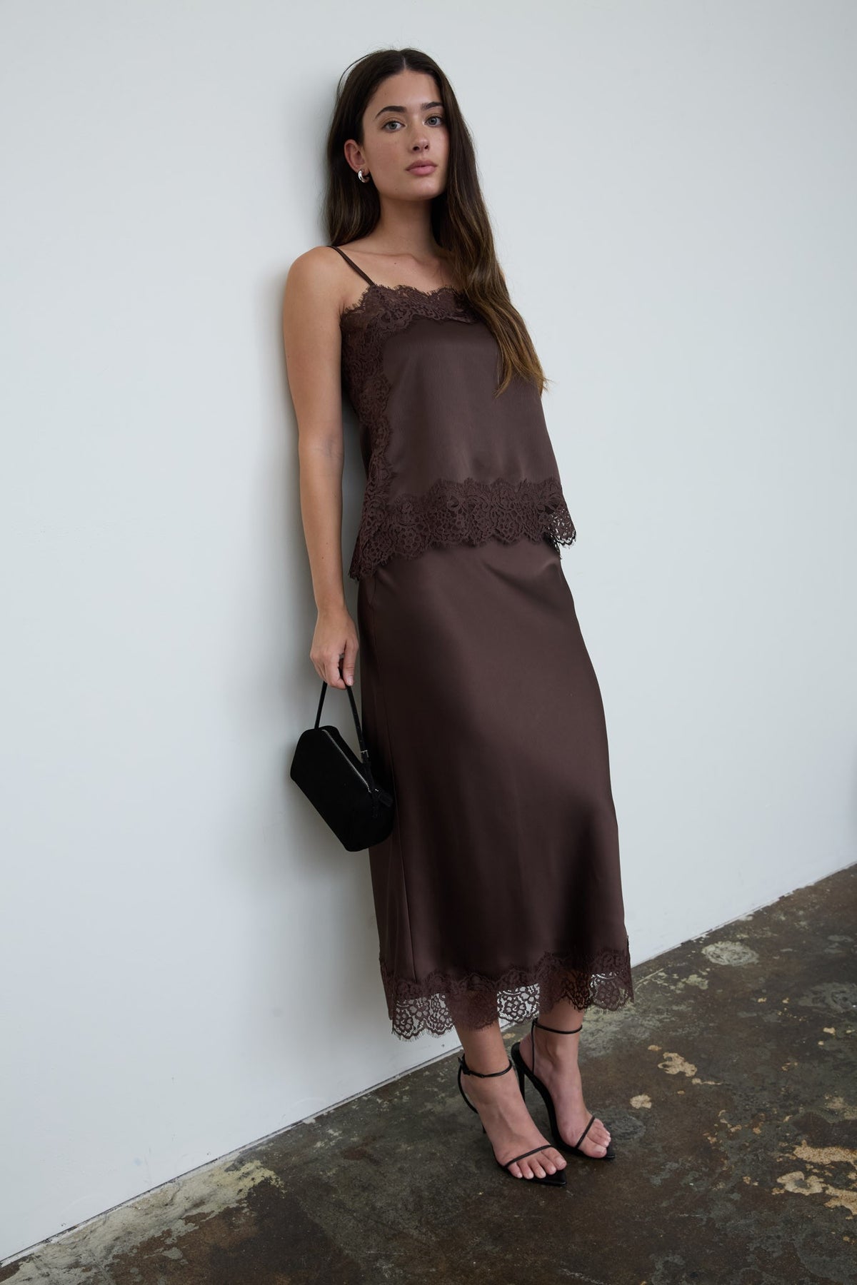 Sweet & Delicate Satin Lace Trim Cami - Brown