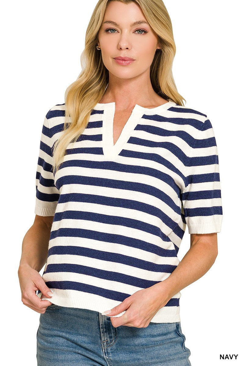 Keep It Classic Striped Knit V Neck Top - Navy