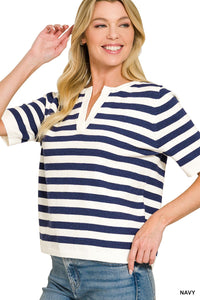 Keep It Classic Striped Knit V Neck Top - Navy