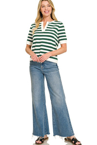 Keep It Classic Striped Knit V Neck Top - Hunter Green