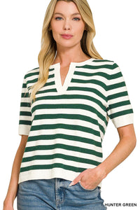 Keep It Classic Striped Knit V Neck Top - Hunter Green